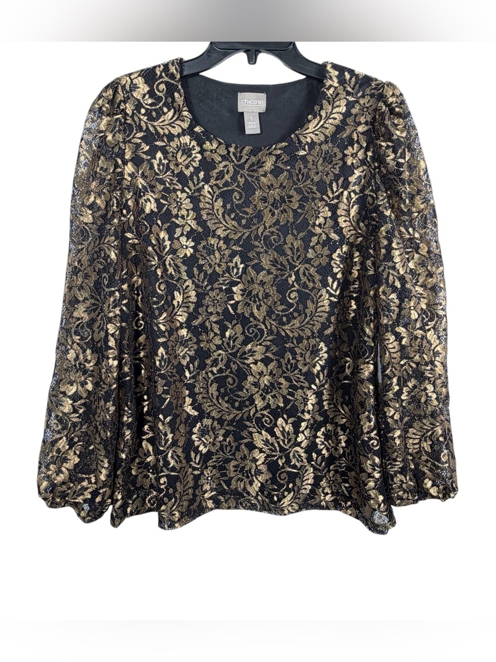 Chico's NWT Black & Gold Foil Lace Bracelet Puff 3/4 Sleeve Top. Chico’s Size 1